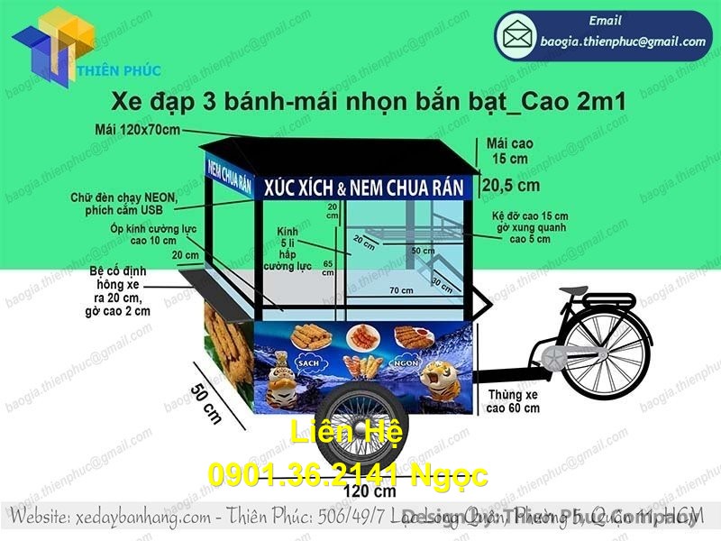 xe đạp mái đồ ăn vặt bán xúc xích cá viên chiên hcm đẹp